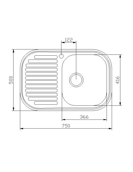 Умивалник еднокоритен за вграждане 750/500 - Ляв отцедник - Ф52