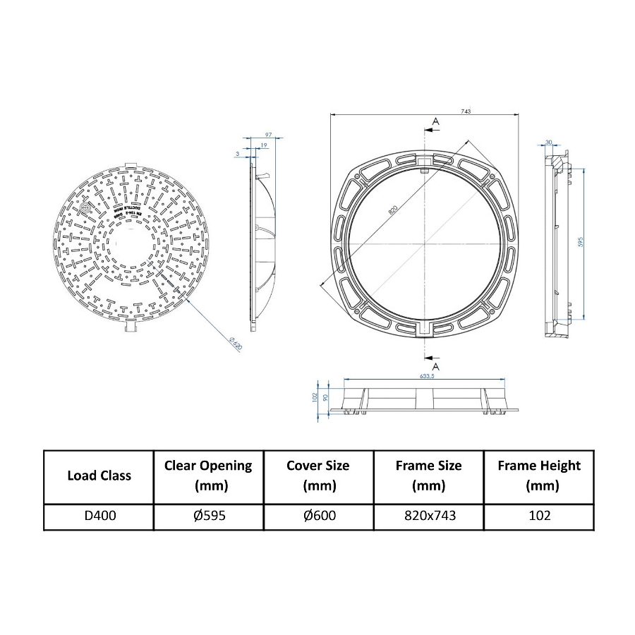 Чугунен капак Ф600 D400 H100 вентилиран със...