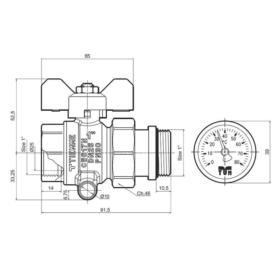 Сферичен кран с холендър и термометър 1" син -...
