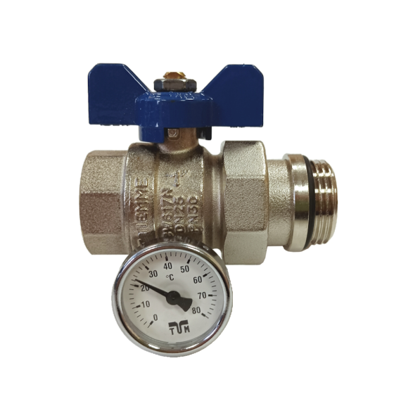 Сферичен кран с холендър и термометър 1" син -...