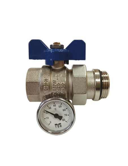 Сферичен кран с холендър и термометър 1" син - TIEMME/2120042/