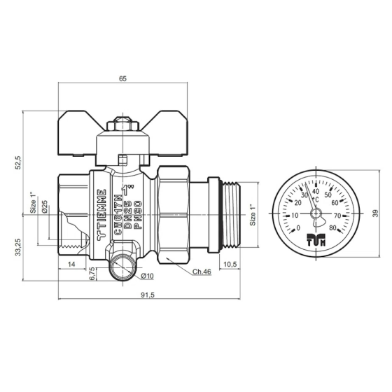 Сферичен кран с холендър и термометър 1" червен -... 2