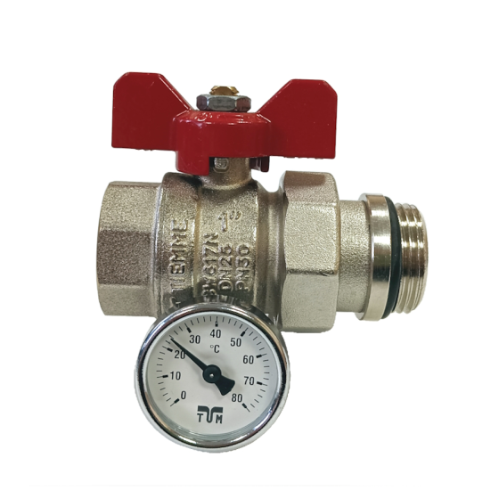 Сферичен кран с холендър и термометър 1" червен -...