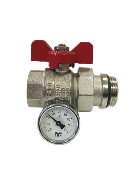 Сферичен кран с холендър и термометър 1" червен - TIEMME/2120043/