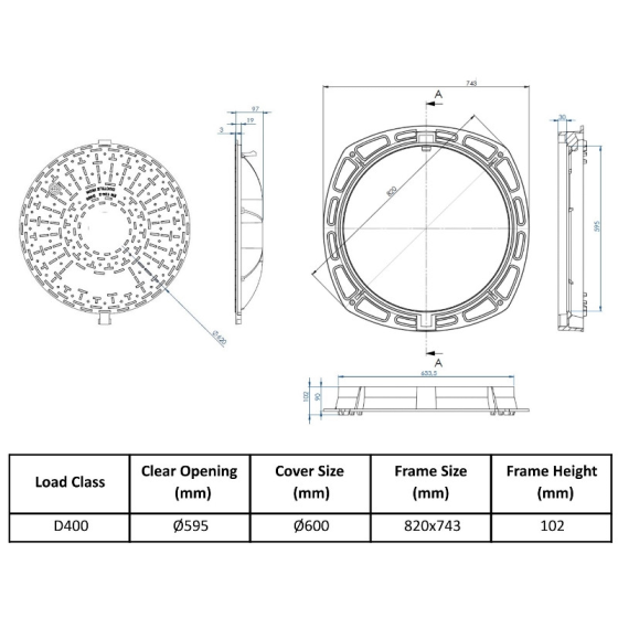 Чугунен капак Ø600 D400 /P/ H100 плътен /RUBIN 2001/ 2