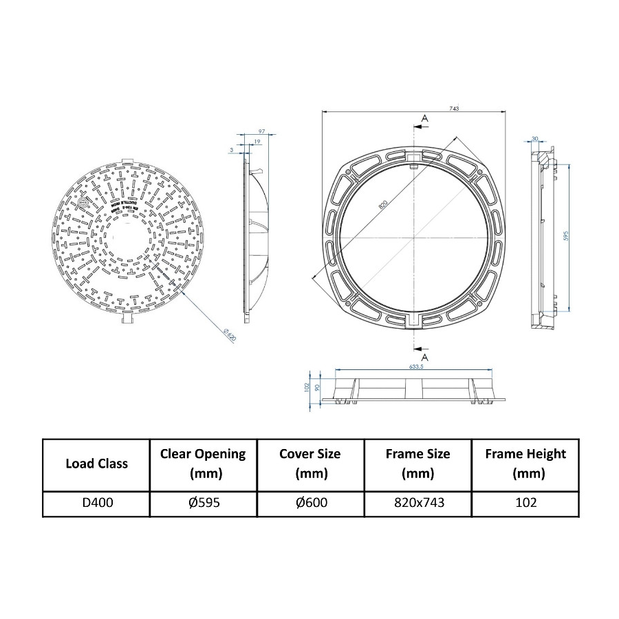 Чугунен капак Ø600 D400 /P/ H100 плътен /RUBIN...