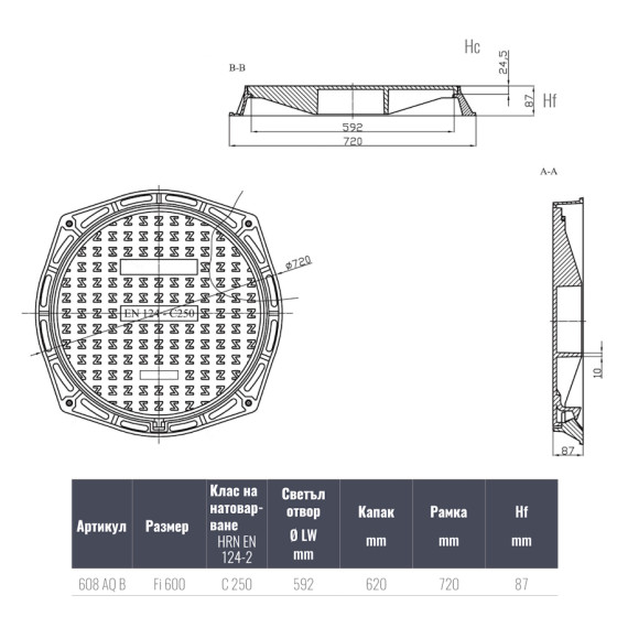 Чугунен капак Ф600 C250 плътен 2