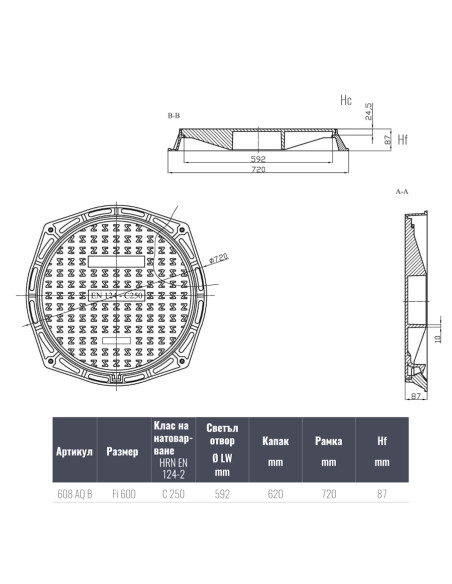 Чугунен капак Ф600 C250 плътен