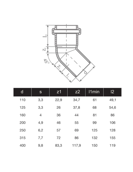 ДЪГА PVC Ф125 - 45°