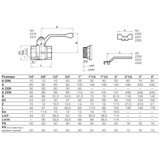 Сферичен кран L-дръжка Ж/Ж 3“ TIEMME 2