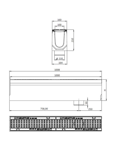 Линеен отводнител от фибробетон FB PRO D400 DN100 H210 (вертикален)