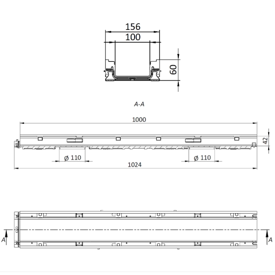 Линеен отводнител с поцинкована решетка A15 DN100 H60/W156 2