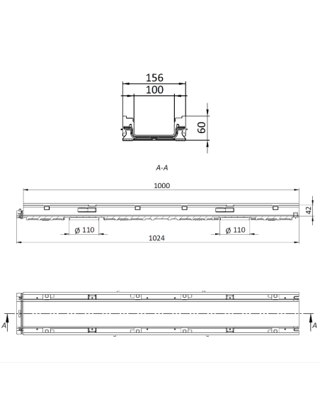 Линеен отводнител с поцинкована решетка A15 DN100 H60/W156