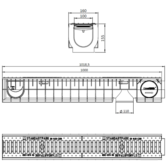 Линеен отводнител с чугунена решетка C250 DN100 155/W160 2
