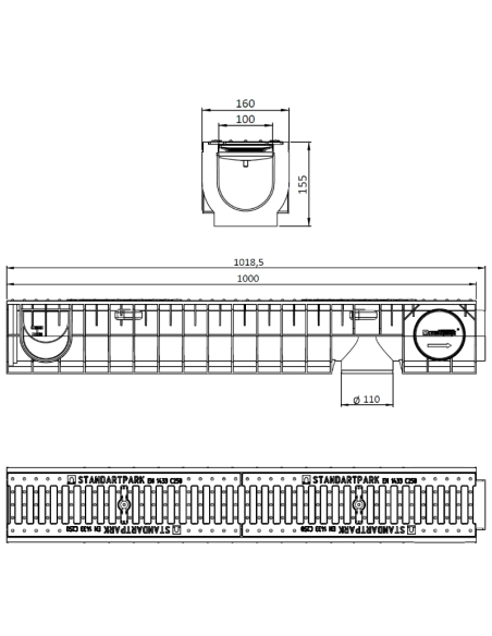 Линеен отводнител с чугунена решетка C250 DN100 155/W160