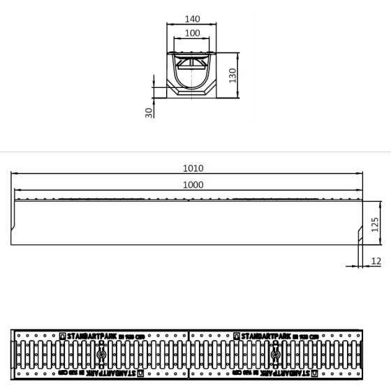 Линеен отводнител от фибробетон FB BASE C250 DN100 H125 2