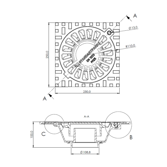 Чугунен сифон URBAN M125 250X250 вертикален изход DN110 2