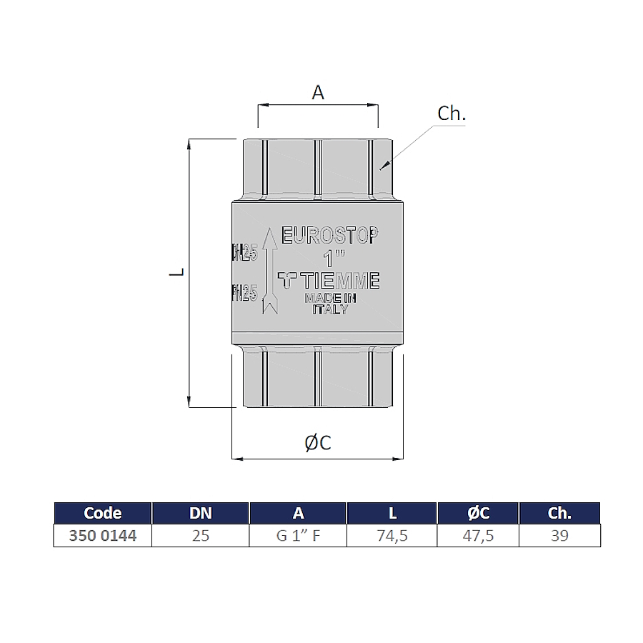 Възвратна клапа 1“ с метален клапан TIEMME