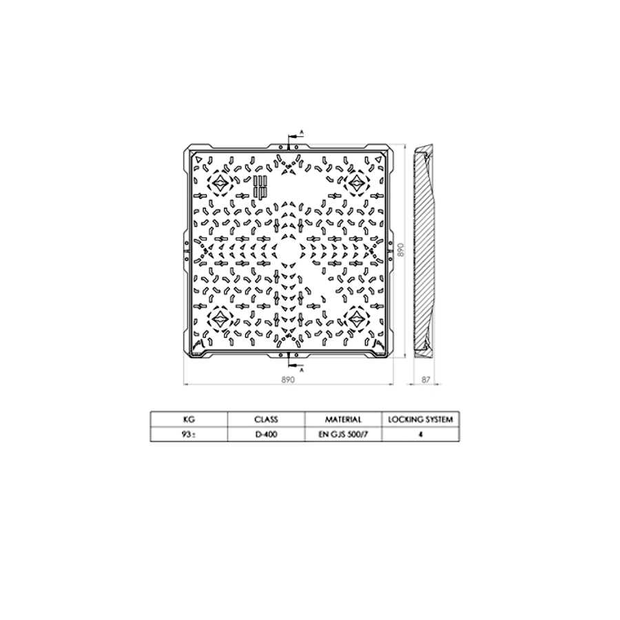 Чугунен капак D400 790x790 плътен, квадратен