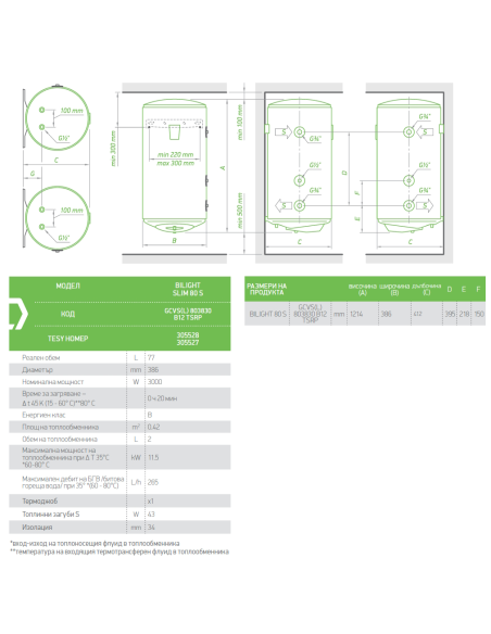 Електрически бойлер TESY BiLight, лява серпентина 77л. 3000W, вертикален