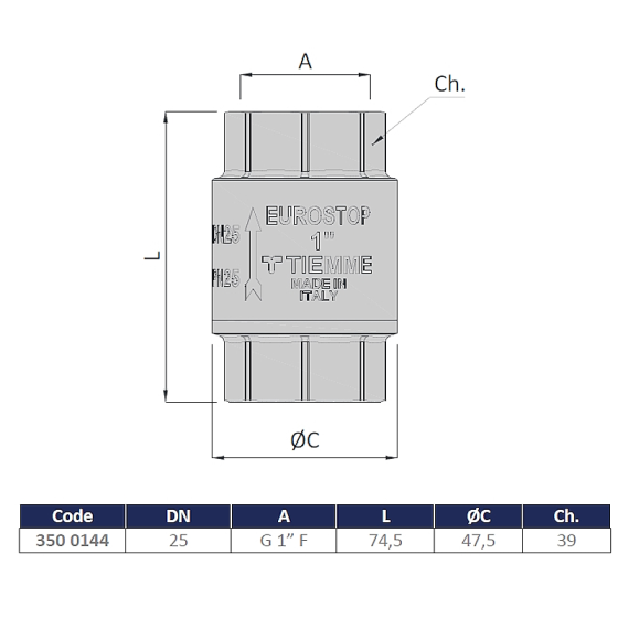 Възвратна клапа 1“ с метален клапан TIEMME 2