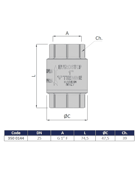 Възвратна клапа 1“ с метален клапан TIEMME